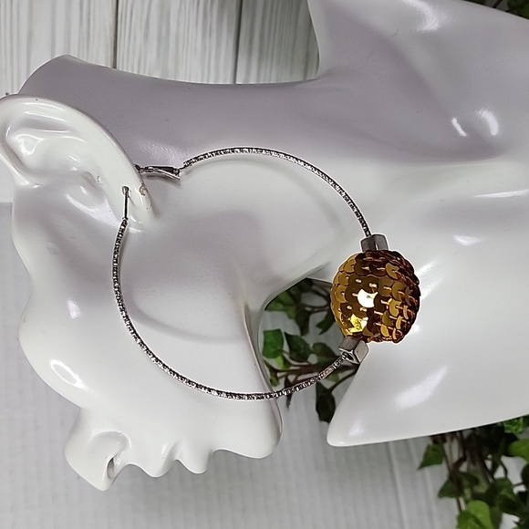Large Silver Statement Hoop Earrings with Gold Sequin Disco Ball New - Picture 6 of 7